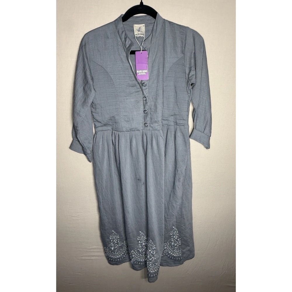 Blue Bird Dress Womens M Gray Embroidered Midi Boho 3/4 Sleeve NWT India